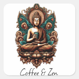 Serene Buddha, Coffee & Zen Skulpturenstatue Quadratischer Aufkleber
