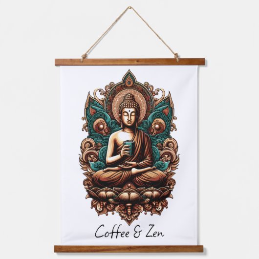 Serene Buddha, Coffee & Zen Skulpturenstatue Wandteppich Mit Holzrahmen (Vorderseite)