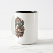 Serene Buddha, Coffee & Zen Skulpturenstatue Zweifarbige Tasse (Vorderseite Links)