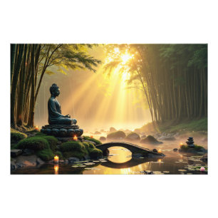 Serene Buddha Statue in einem Friedlichen Bambuswa Fotodruck