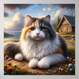 Serene Calico Katze in einer ruhigen Landschaft Poster