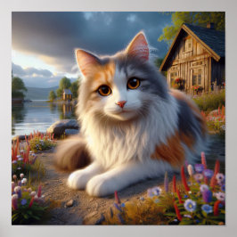Serene Calico Katze in einer ruhigen Landschaft Poster