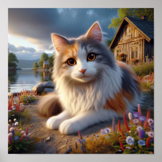 Serene Calico Katze in einer ruhigen Landschaft Poster (Vorne)