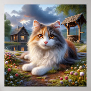 Serene Calico Katze in einer ruhigen Landschaft Poster