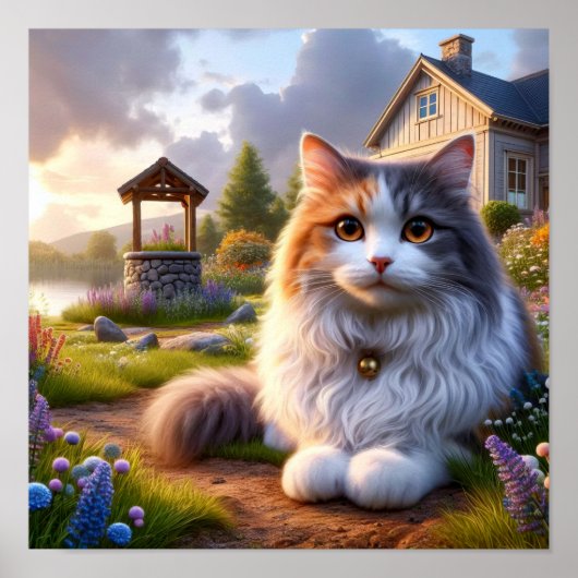 Serene Calico Katze in einer ruhigen Landschaft Poster (Vorne)