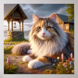 Serene Calico Katze in einer ruhigen Landschaft Poster