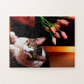 Serene Cat and Tulips Puzzle (Horizontal)