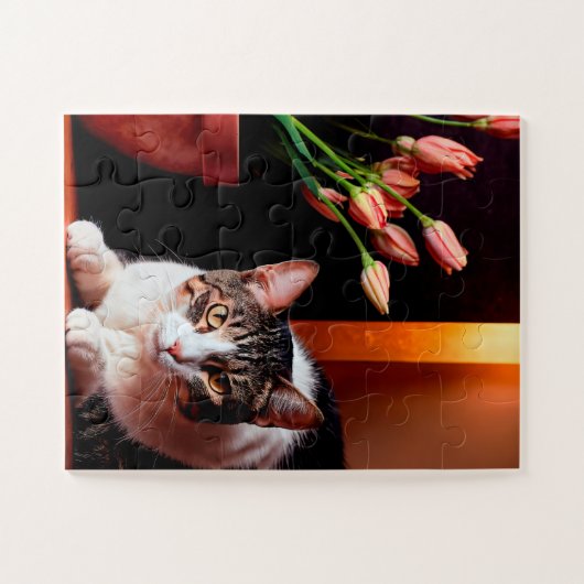 Serene Cat and Tulips Puzzle (Horizontal)