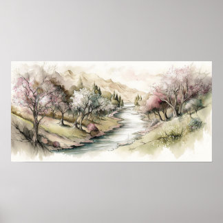 Serene Cherry Blossom Valley Poster