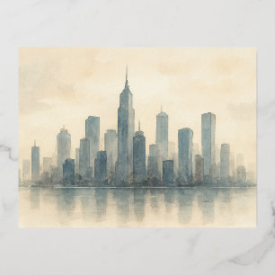 Serene Cityscape Reflection Print, moderne Skyline Folien Feiertagspostkarte