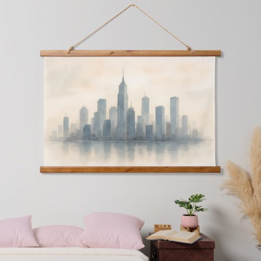 Serene Cityscape Reflection Print, moderne Skyline Wandteppich Mit Holzrahmen (Schlafzimmer)