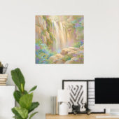 Serene Cliff Wasserfall - Kunst im Pastell-Malstil Poster (Heimbüro)