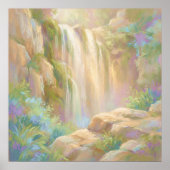 Serene Cliff Wasserfall - Kunst im Pastell-Malstil Poster (Vorne)