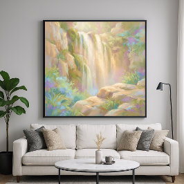 Serene Cliff Waterfall - Pastel Painting Style Art Poster