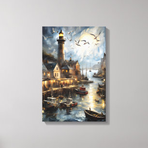 Serene Coastal Village at Dusk Nautical Harbor Art Leinwanddruck