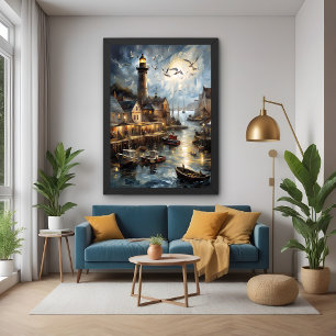 Serene Coastal Village at Dusk Nautical Harbor Art Poster