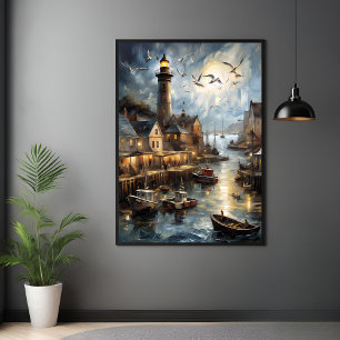 Serene Coastal Village at Dusk Nautical Harbor Art Poster