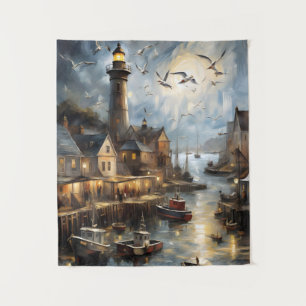 Serene Coastal Village at Dusk Nautical Harbor Art Wandteppich
