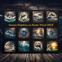 Serene Dolphins on Rustic Wood 2025 Kalender