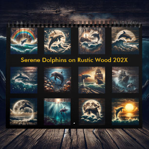 Serene Dolphins on Rustic Wood 2025 Kalender