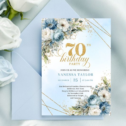 Serene dusty blue watercolor florals 70th birthday einladung
