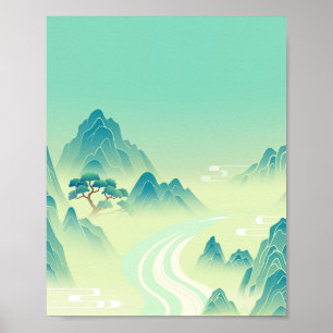 Serene Eastern Landschaft - Minimalistische Bergku Poster