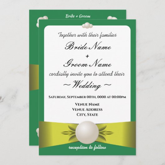 Serene Emerald & Yellow Pearl Ribbon Foto Wedding Einladung (Vorne/Hinten)