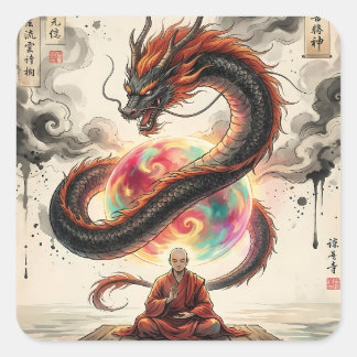 Serene Encounter: Monk and the Celestial Dragon Quadratischer Aufkleber