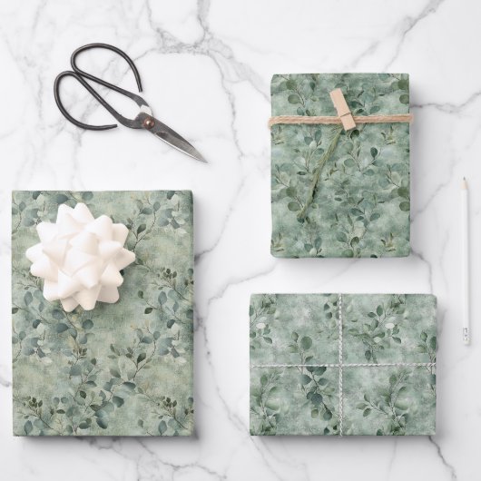 Serene Eukalyptus Branch Pattern auf Mute Green Geschenkpapier Set (Vorderseite)