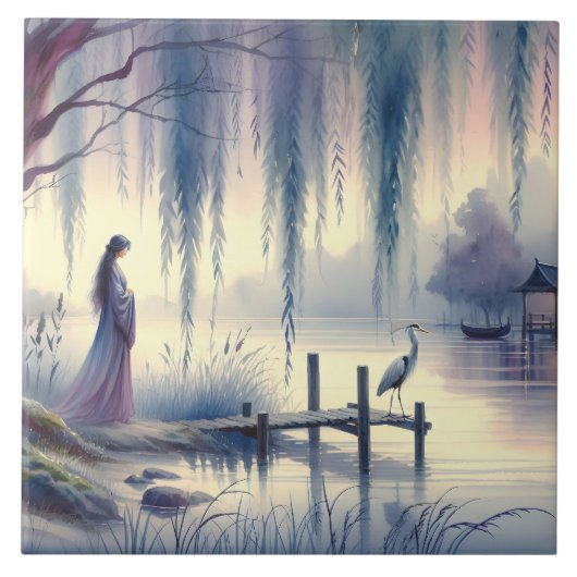 Serene Fantasy Lake mit Willow und Heron Fliese (Vorderseite)
