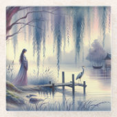 Serene Fantasy Lake mit Willow und Heron Glasuntersetzer (Vorderseite)