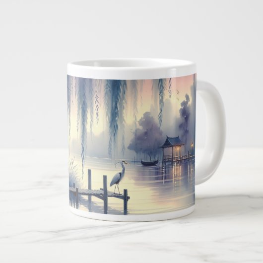 Serene Fantasy Lake mit Willow und Heron Jumbo-Tasse (Vorderseite Rechts)