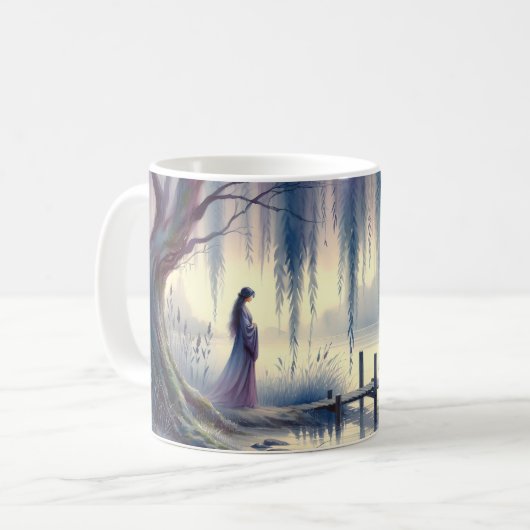 Serene Fantasy Lake mit Willow und Heron Kaffeetasse (Vorderseite Links)