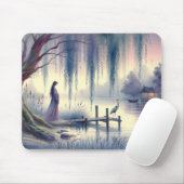 Serene Fantasy Lake mit Willow und Heron Mousepad (Mit Mouse)