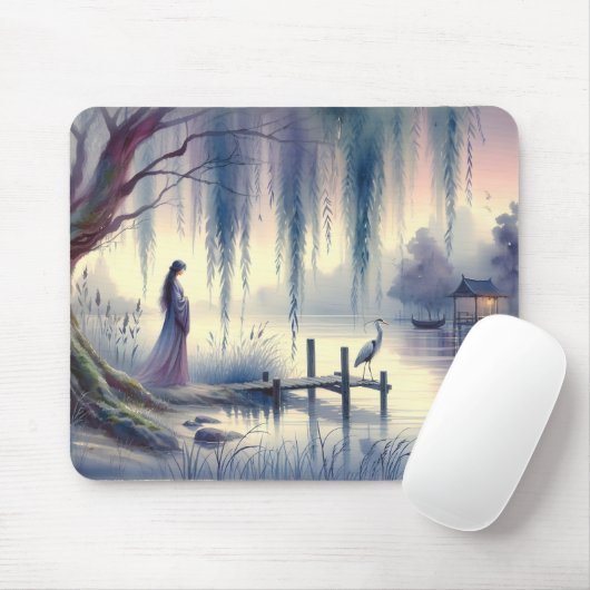 Serene Fantasy Lake mit Willow und Heron Mousepad (Mit Mouse)
