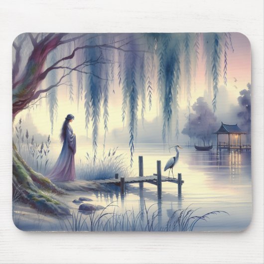 Serene Fantasy Lake mit Willow und Heron Mousepad (Vorne)