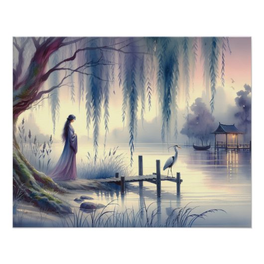 Serene Fantasy Lake mit Willow und Heron Poster (Vorderseite)