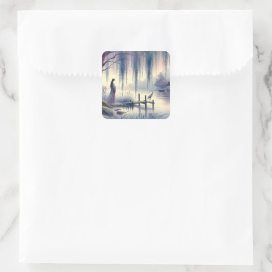 Serene Fantasy Lake mit Willow und Heron Quadratischer Aufkleber (Tasche)