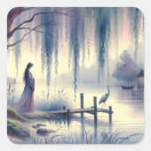 Serene Fantasy Lake mit Willow und Heron Quadratischer Aufkleber (Vorderseite)