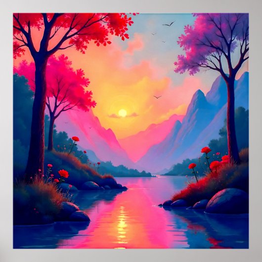 Serene Fantasy Sunset River Mountain Landscape Poster (Vorne)
