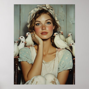 Serene Farm Maiden White Doves - Symbol des Friede Poster