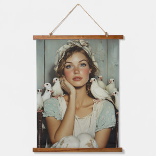 Serene Farm Maiden White Doves - Symbol des Friede Wandteppich Mit Holzrahmen