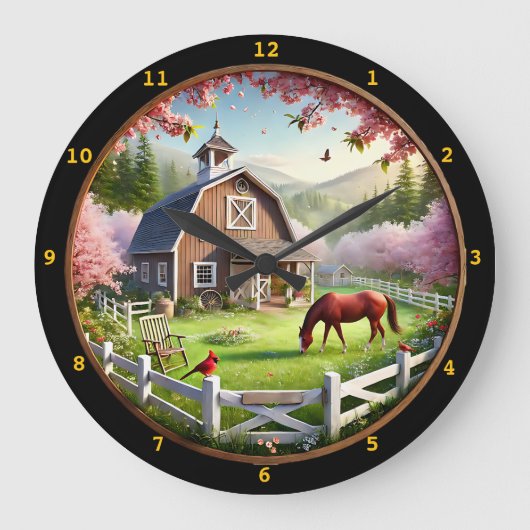 Serene Farmhouse Spring Landschaft Große Wanduhr (Vorderseite)