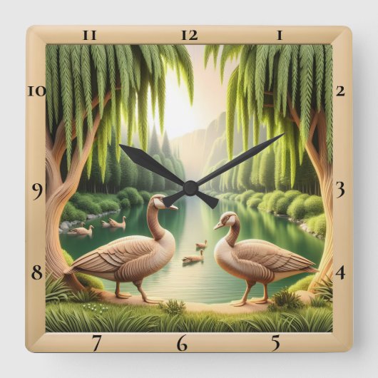 Serene Geese Rive Quadratische Wanduhr (Vorderseite)