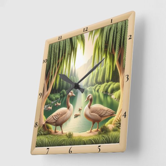 Serene Geese Rive Quadratische Wanduhr (Winkel)