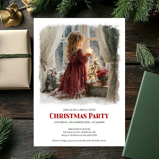 Serene girl awaits Santa editable Christmas invite Einladung