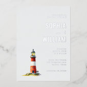 Serene Gray Lighthouse Nautical Folieneinladung (Vorderseite)