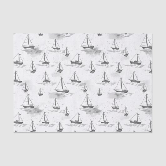 Serene Gray White Sailing Boote auf Sea Pattern Seidenpapier (Vorderseite)