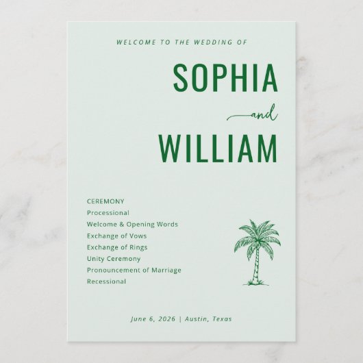 Serene Green Palm Tree Wedding Ceremony Programm (Vorderseite)