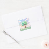 Serene Green Tree and Pastel Clouds Quadratischer Aufkleber (Umschlag)